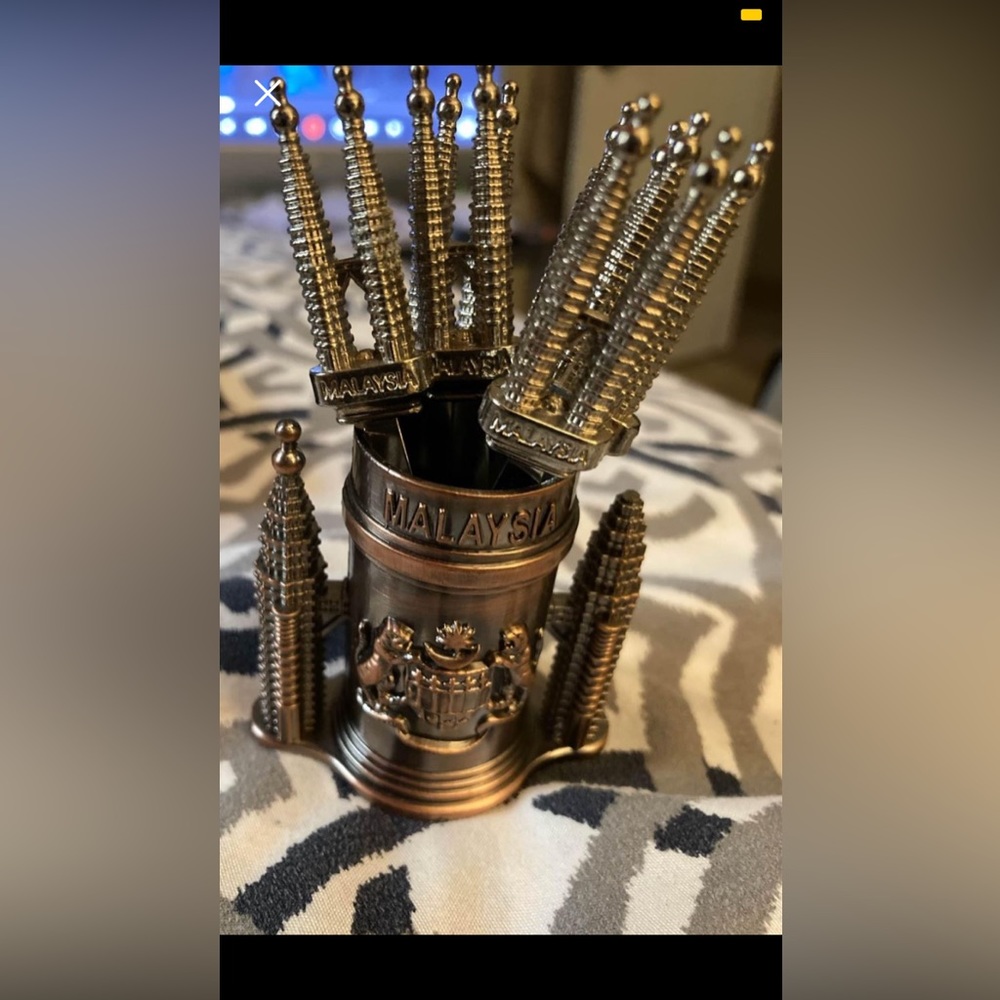Malaysia Souvenir Set 6 Small Metal Dessert Forks With Holder And Box